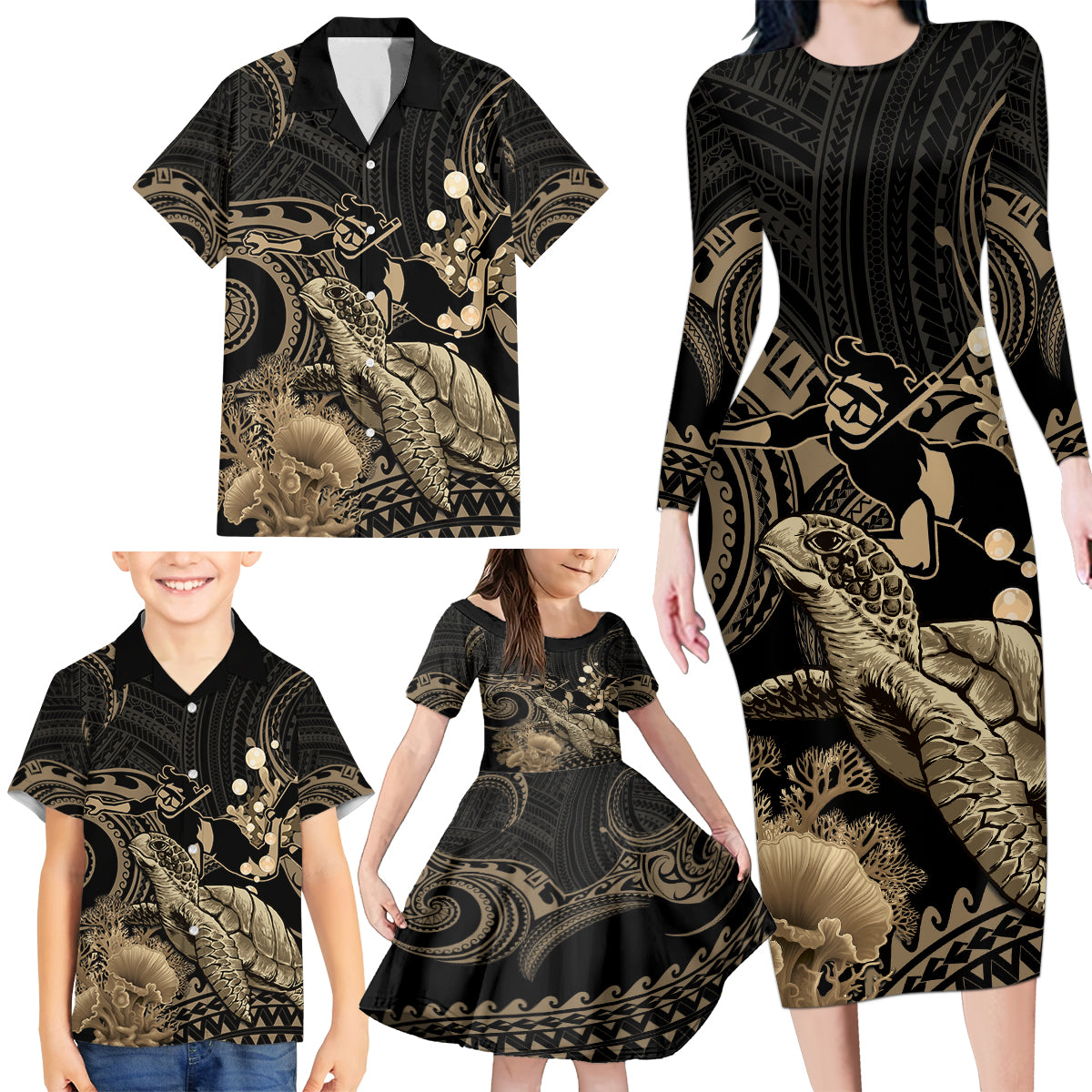 Gold Aloha Hawaii Family Matching Long Sleeve Bodycon Dress and Hawaiian Shirt Snorkeling With Sea Turtle Polynesian Pattern