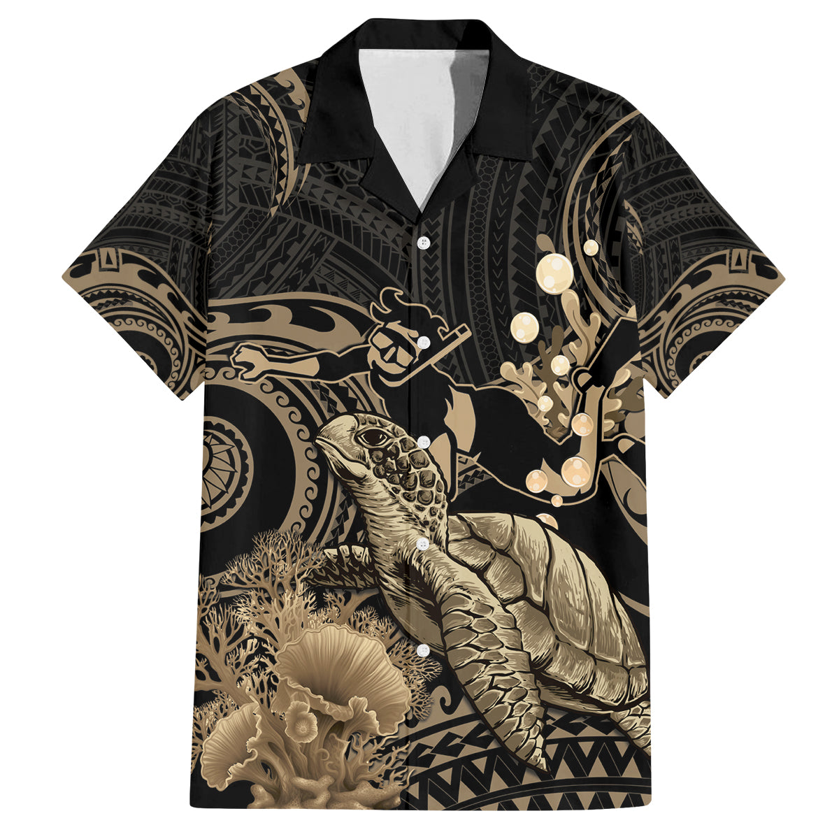 Gold Aloha Hawaii Family Matching Long Sleeve Bodycon Dress and Hawaiian Shirt Snorkeling With Sea Turtle Polynesian Pattern