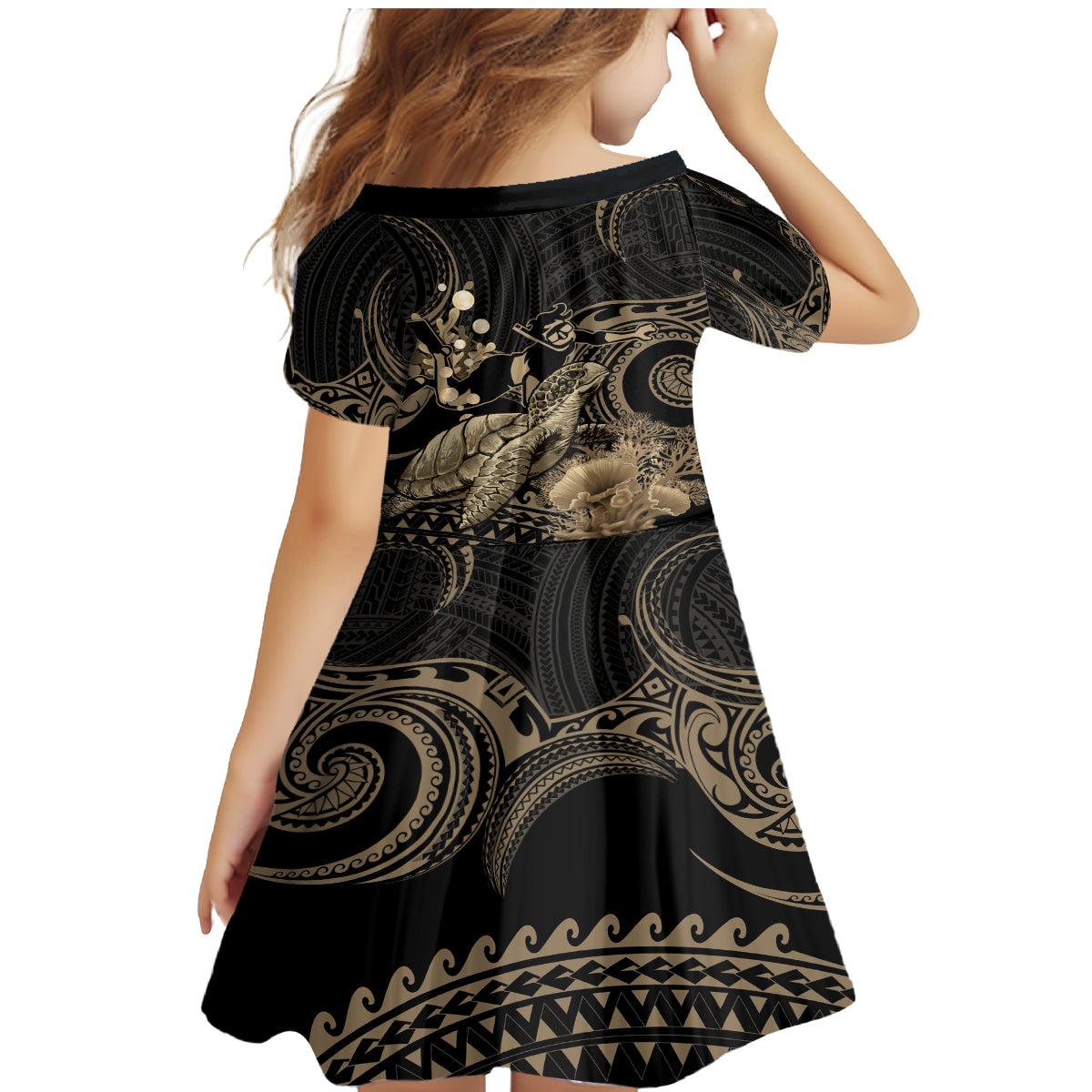 Gold Aloha Hawaii Family Matching Mermaid Dress and Hawaiian Shirt Snorkeling With Sea Turtle Polynesian Pattern