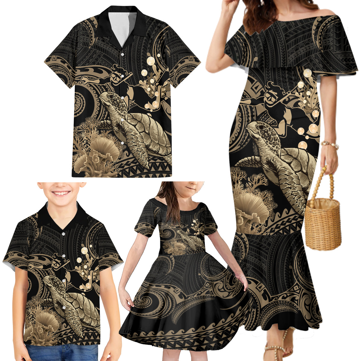 Gold Aloha Hawaii Family Matching Mermaid Dress and Hawaiian Shirt Snorkeling With Sea Turtle Polynesian Pattern