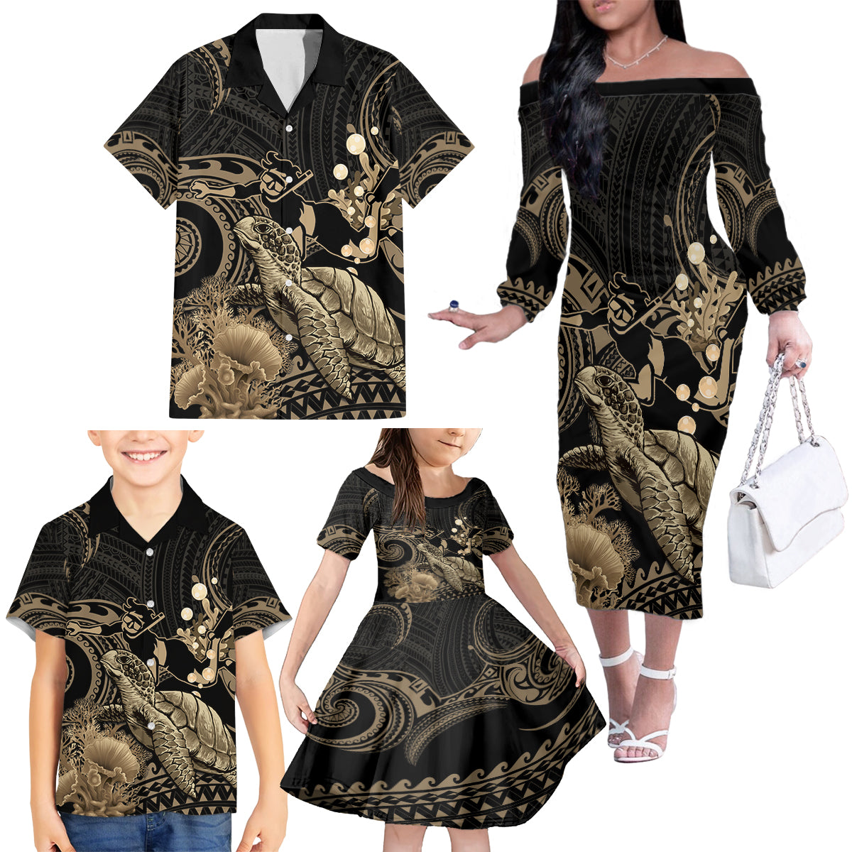 Gold Aloha Hawaii Family Matching Off The Shoulder Long Sleeve Dress and Hawaiian Shirt Snorkeling With Sea Turtle Polynesian Pattern