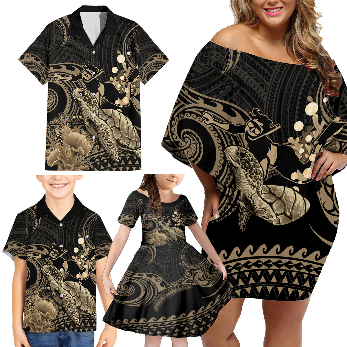 Gold Aloha Hawaii Family Matching Off Shoulder Short Dress and Hawaiian Shirt Snorkeling With Sea Turtle Polynesian Pattern