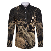 Gold Aloha Hawaii Family Matching Off Shoulder Short Dress and Hawaiian Shirt Snorkeling With Sea Turtle Polynesian Pattern LT14 Dad's Shirt - Long Sleeve Gold - Polynesian Pride