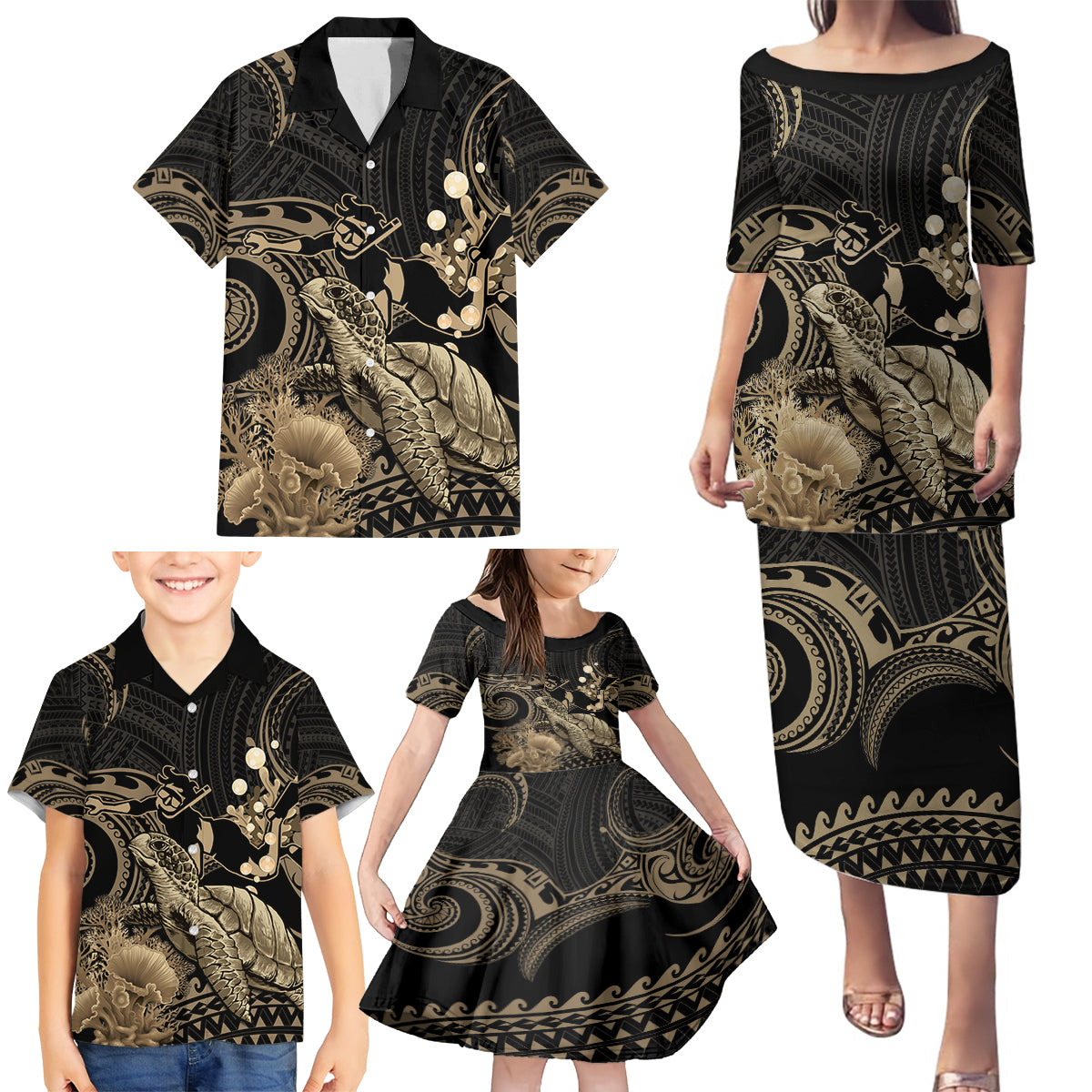 Gold Aloha Hawaii Family Matching Puletasi and Hawaiian Shirt Snorkeling With Sea Turtle Polynesian Pattern