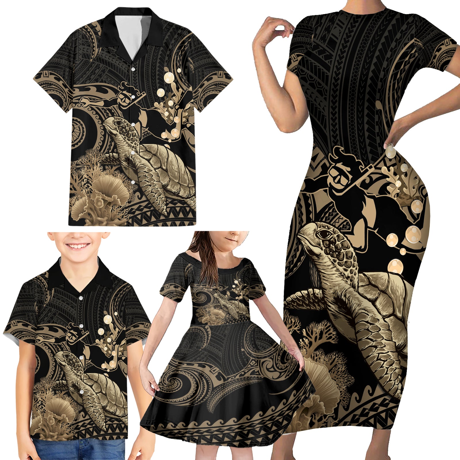 Gold Aloha Hawaii Family Matching Short Sleeve Bodycon Dress and Hawaiian Shirt Snorkeling With Sea Turtle Polynesian Pattern LT14 - Polynesian Pride