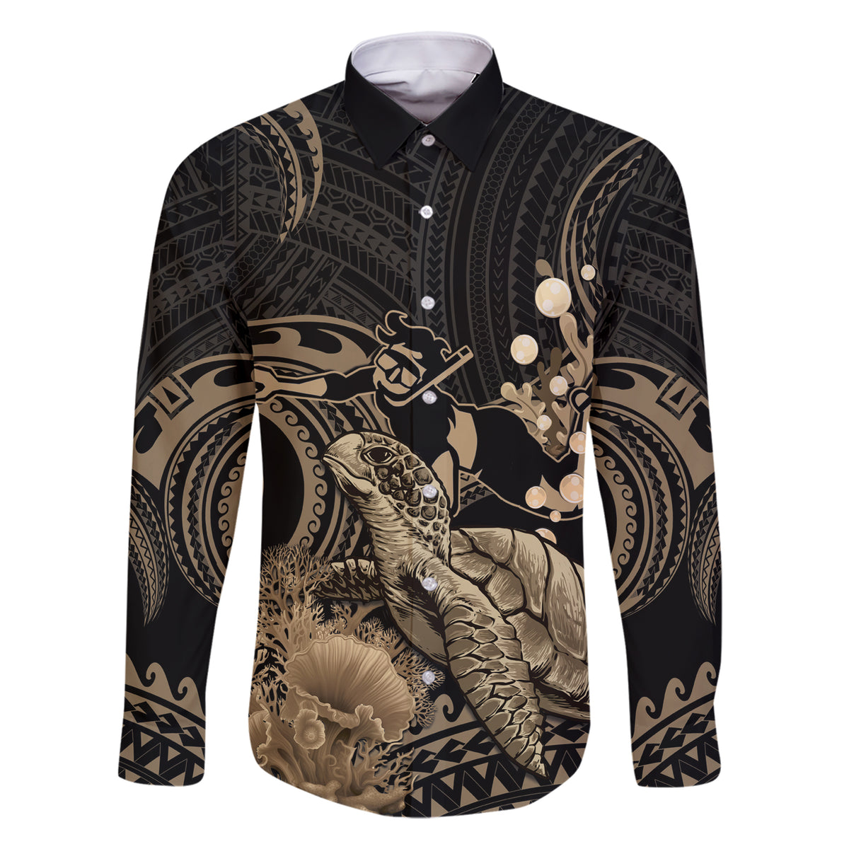 Gold Aloha Hawaii Family Matching Short Sleeve Bodycon Dress and Hawaiian Shirt Snorkeling With Sea Turtle Polynesian Pattern LT14 Dad's Shirt - Long Sleeve Gold - Polynesian Pride