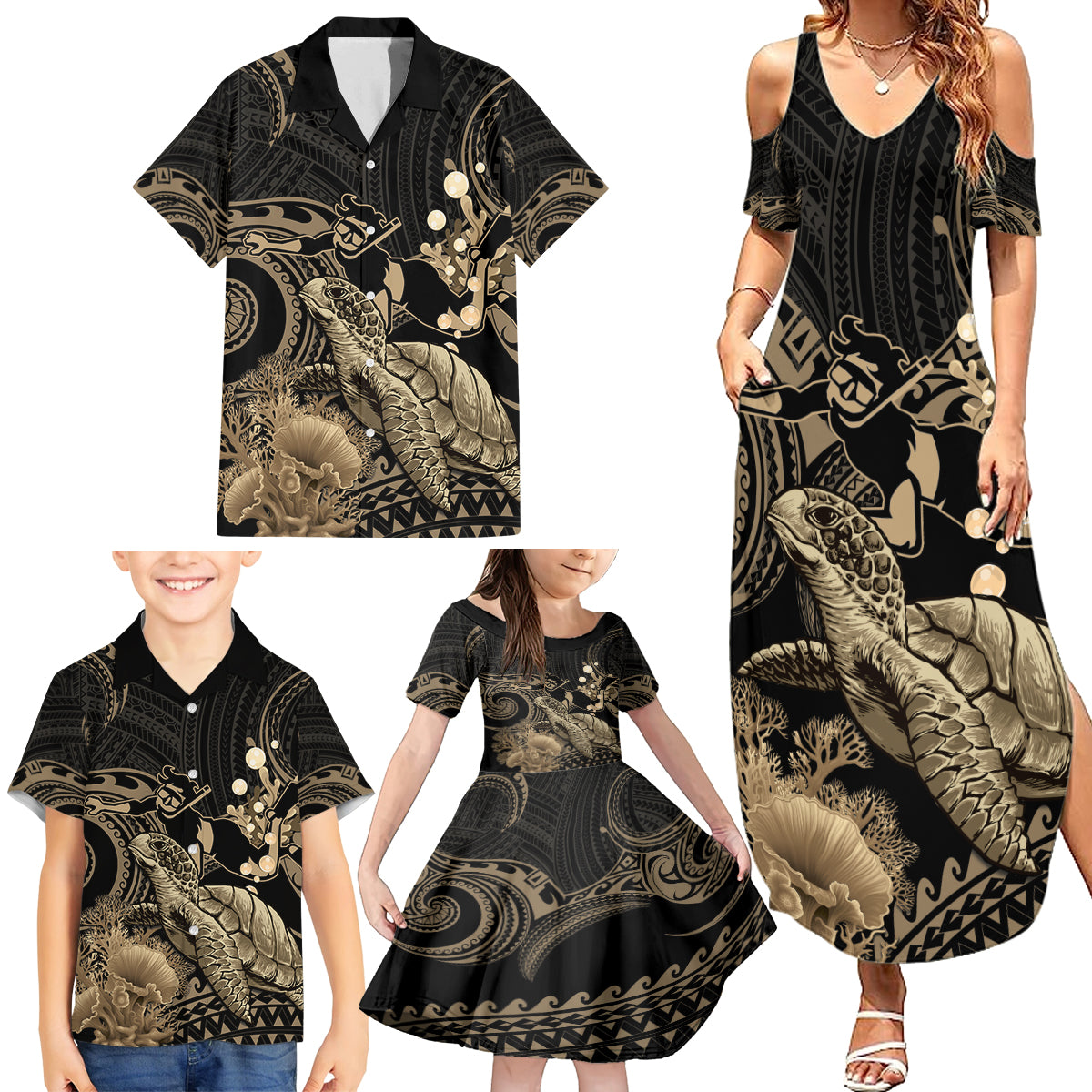 Gold Aloha Hawaii Family Matching Summer Maxi Dress and Hawaiian Shirt Snorkeling With Sea Turtle Polynesian Pattern