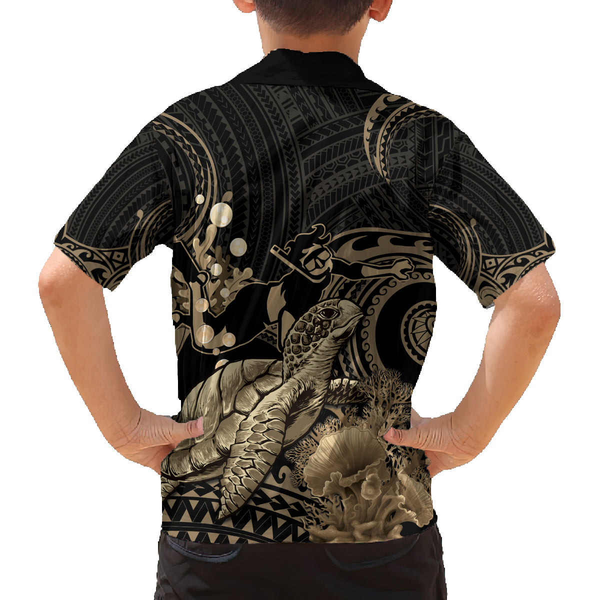 Gold Aloha Hawaii Family Matching Tank Maxi Dress and Hawaiian Shirt Snorkeling With Sea Turtle Polynesian Pattern