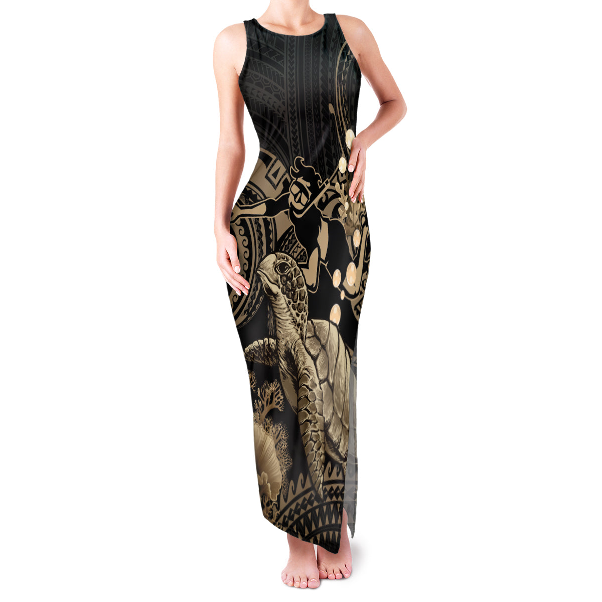Gold Aloha Hawaii Family Matching Tank Maxi Dress and Hawaiian Shirt Snorkeling With Sea Turtle Polynesian Pattern