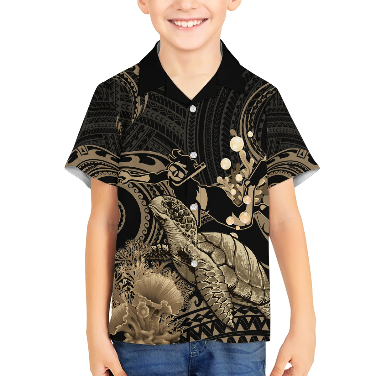 Gold Aloha Hawaii Kid Hawaiian Shirt Snorkeling With Sea Turtle Polynesian Pattern LT14 Kid Gold - Polynesian Pride