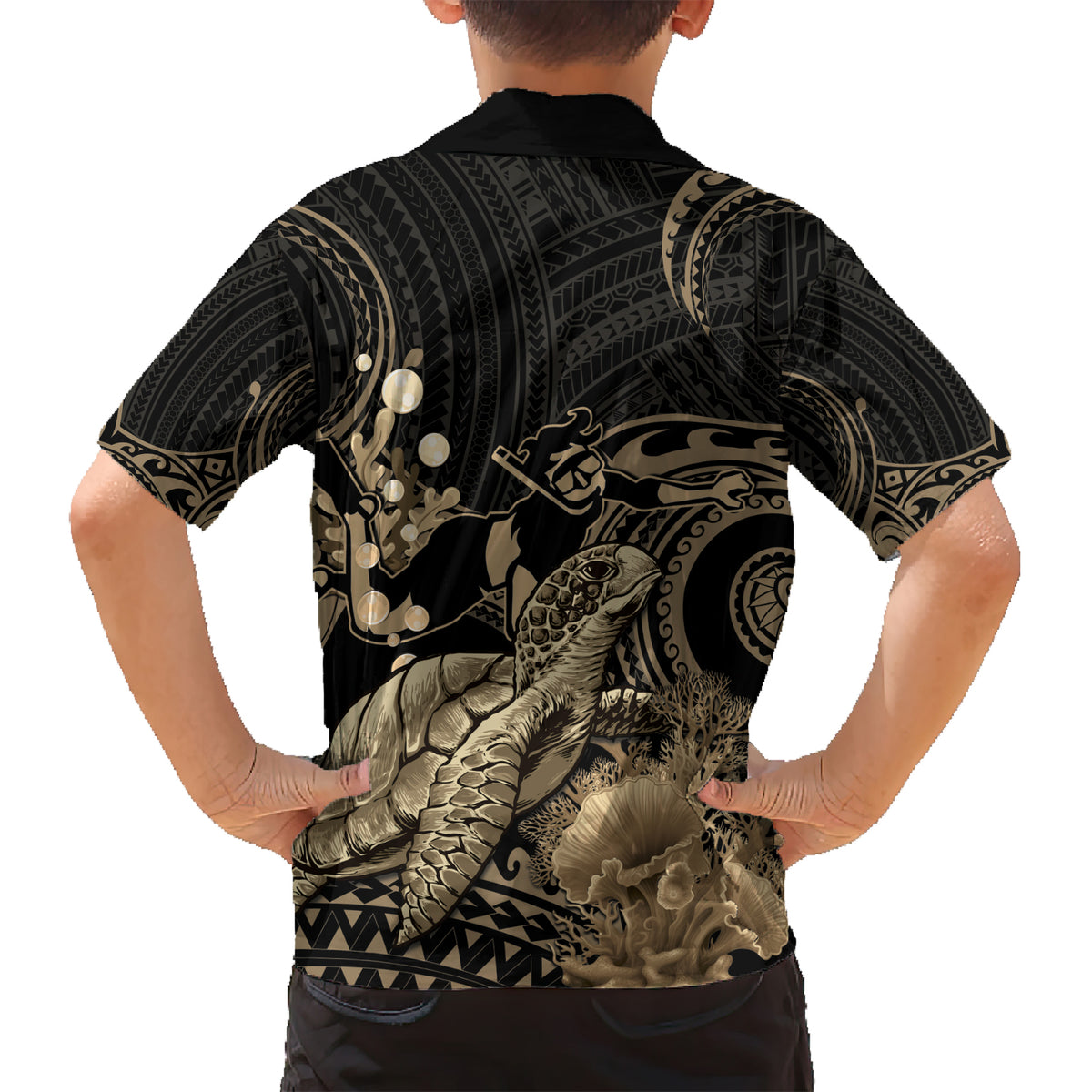 Gold Aloha Hawaii Kid Hawaiian Shirt Snorkeling With Sea Turtle Polynesian Pattern LT14 - Polynesian Pride