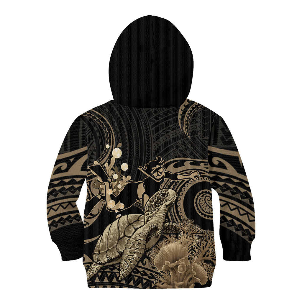 Gold Aloha Hawaii Kid Hoodie Snorkeling With Sea Turtle Polynesian Pattern
