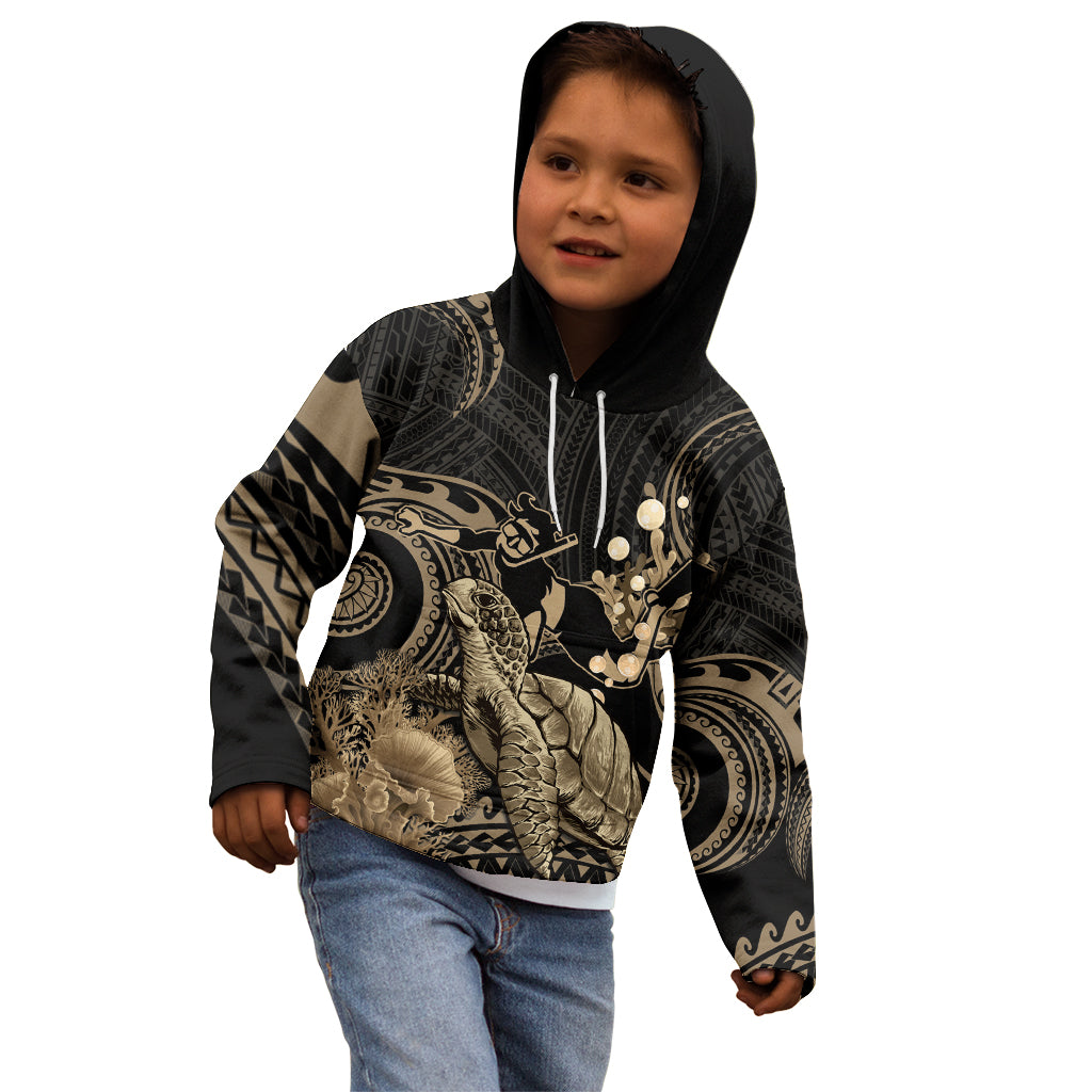 Gold Aloha Hawaii Kid Hoodie Snorkeling With Sea Turtle Polynesian Pattern