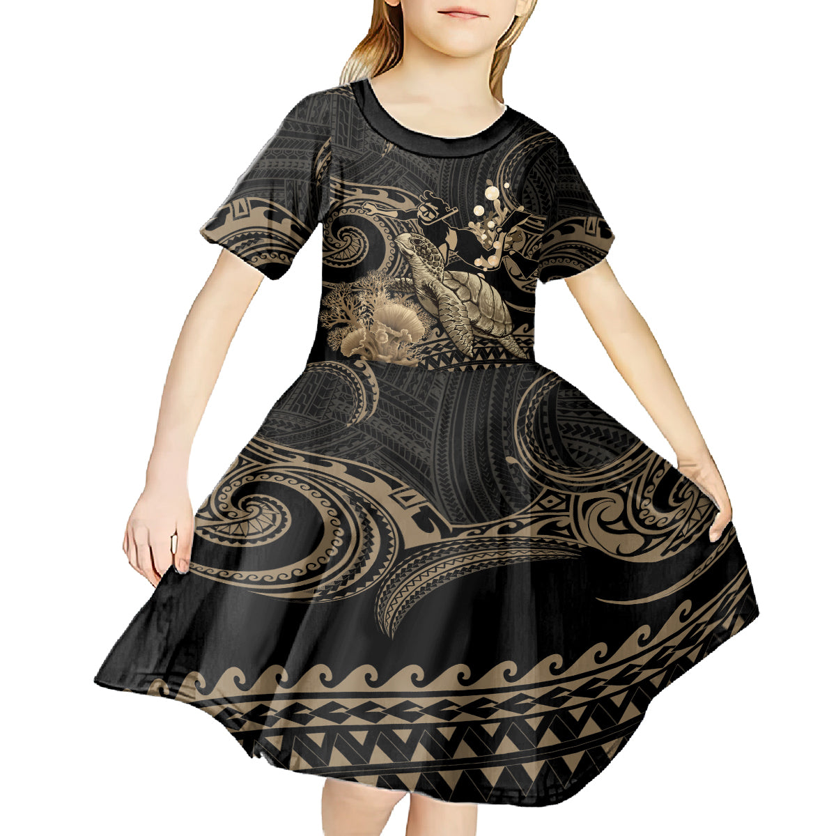 Gold Aloha Hawaii Kid Short Sleeve Dress Snorkeling With Sea Turtle Polynesian Pattern