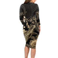 Gold Aloha Hawaii Long Sleeve Bodycon Dress Snorkeling With Sea Turtle Polynesian Pattern