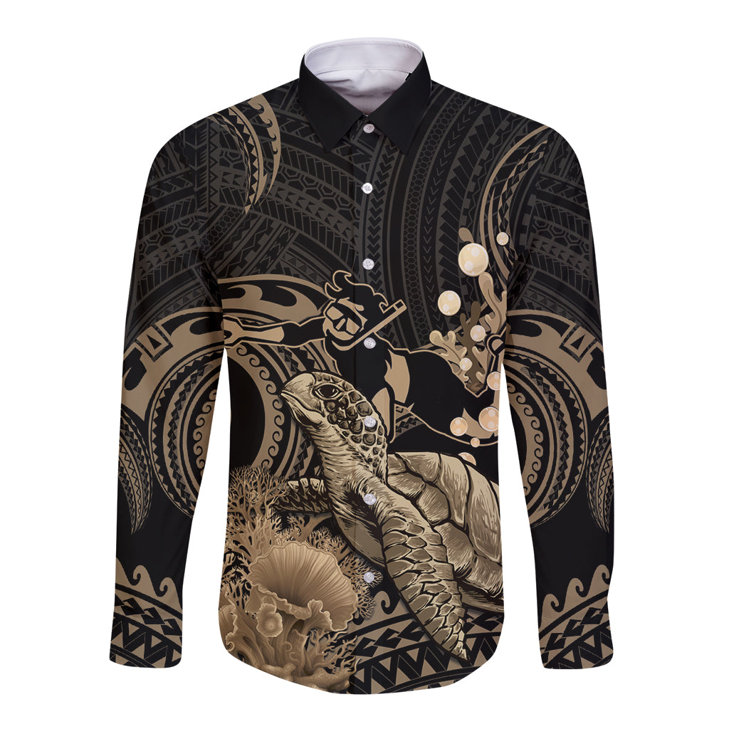 Gold Aloha Hawaii Long Sleeve Button Shirt Snorkeling With Sea Turtle Polynesian Pattern