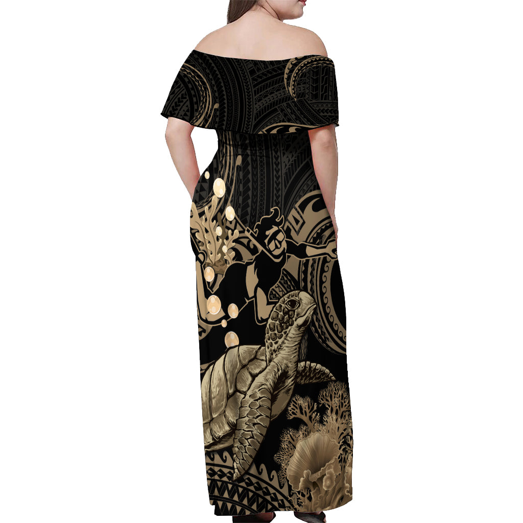 Gold Aloha Hawaii Off Shoulder Maxi Dress Snorkeling With Sea Turtle Polynesian Pattern LT14 - Polynesian Pride