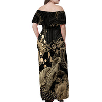 Gold Aloha Hawaii Off Shoulder Maxi Dress Snorkeling With Sea Turtle Polynesian Pattern LT14 - Polynesian Pride