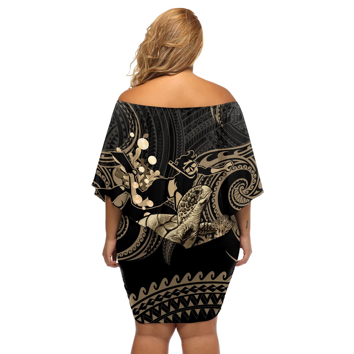 Gold Aloha Hawaii Off Shoulder Short Dress Snorkeling With Sea Turtle Polynesian Pattern LT14 - Polynesian Pride