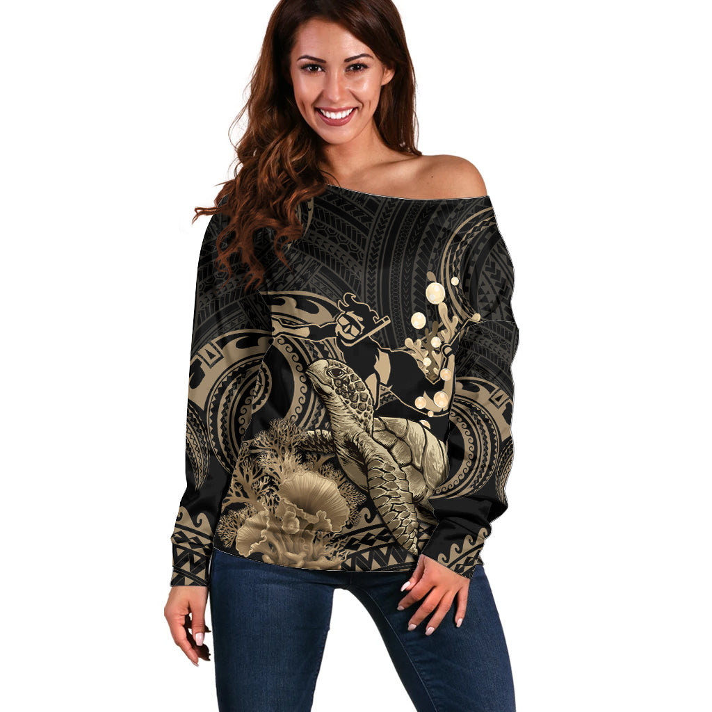 Gold Aloha Hawaii Off Shoulder Sweater Snorkeling With Sea Turtle Polynesian Pattern