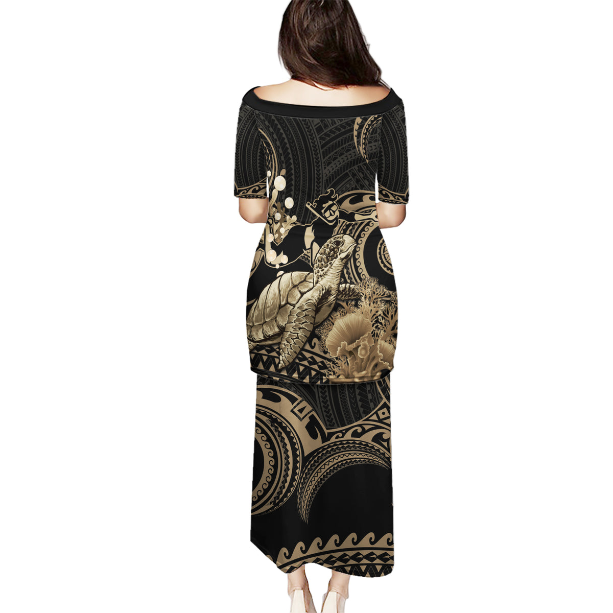 Gold Aloha Hawaii Puletasi Snorkeling With Sea Turtle Polynesian Pattern LT14 - Polynesian Pride