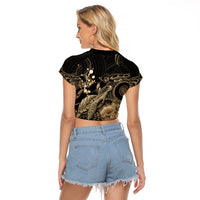 Gold Aloha Hawaii Raglan Cropped T Shirt Snorkeling With Sea Turtle Polynesian Pattern
