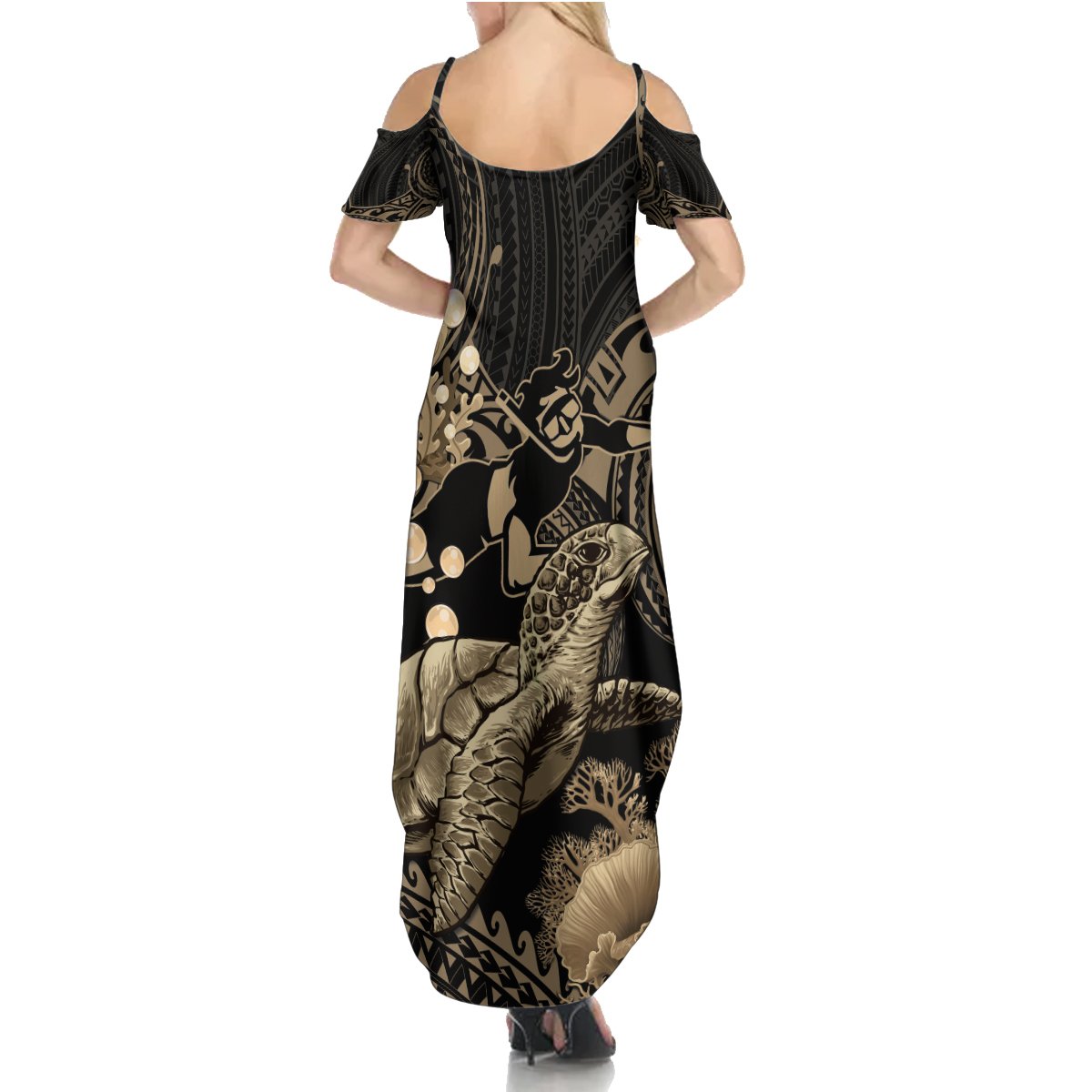 Gold Aloha Hawaii Summer Maxi Dress Snorkeling With Sea Turtle Polynesian Pattern LT14 - Polynesian Pride