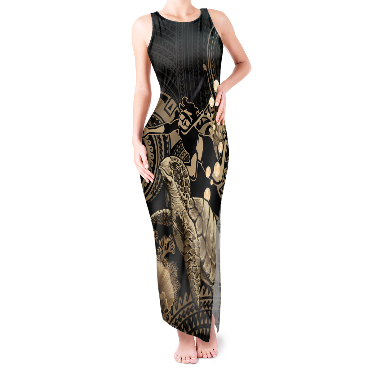 Gold Aloha Hawaii Tank Maxi Dress Snorkeling With Sea Turtle Polynesian Pattern