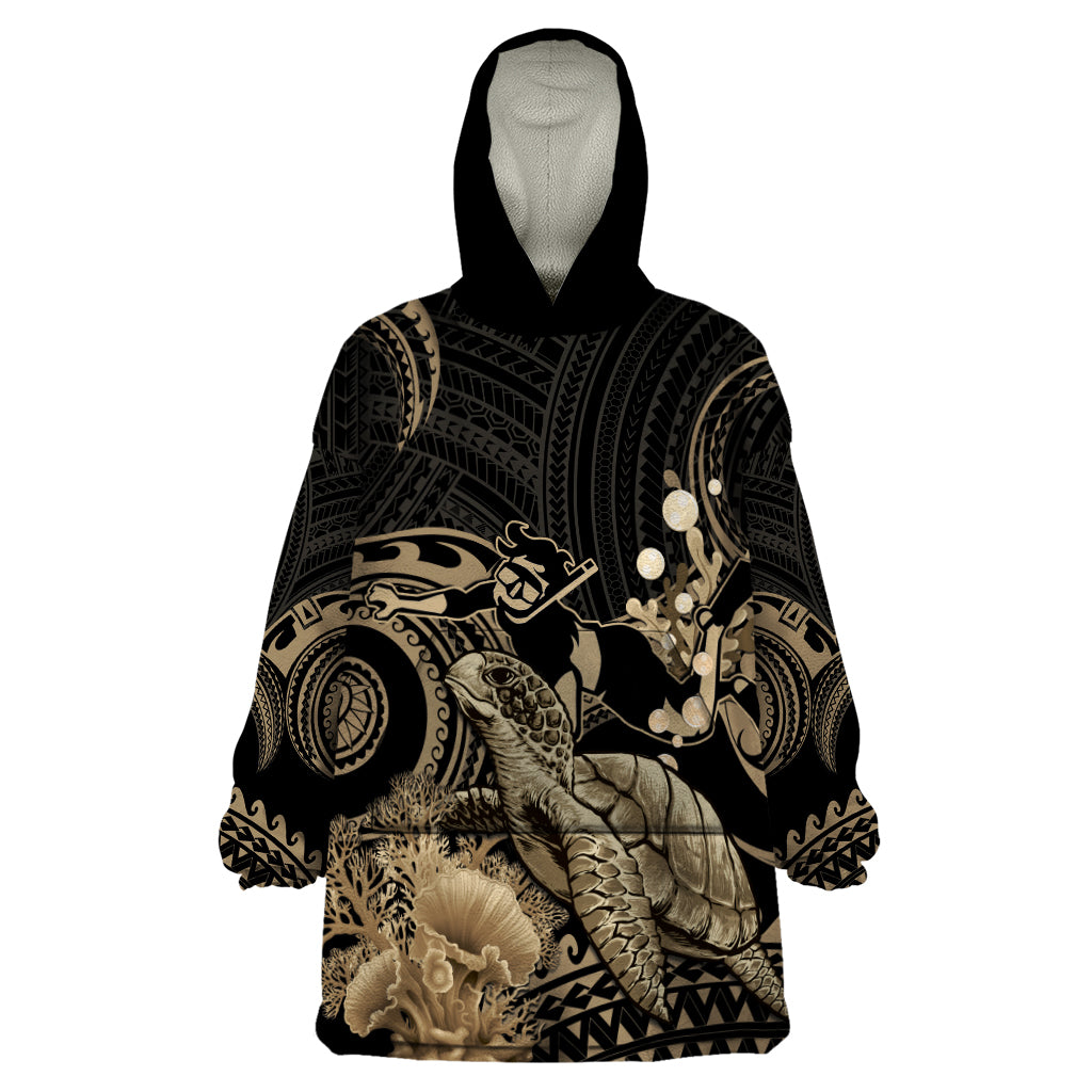 Gold Aloha Hawaii Wearable Blanket Hoodie Snorkeling With Sea Turtle Polynesian Pattern