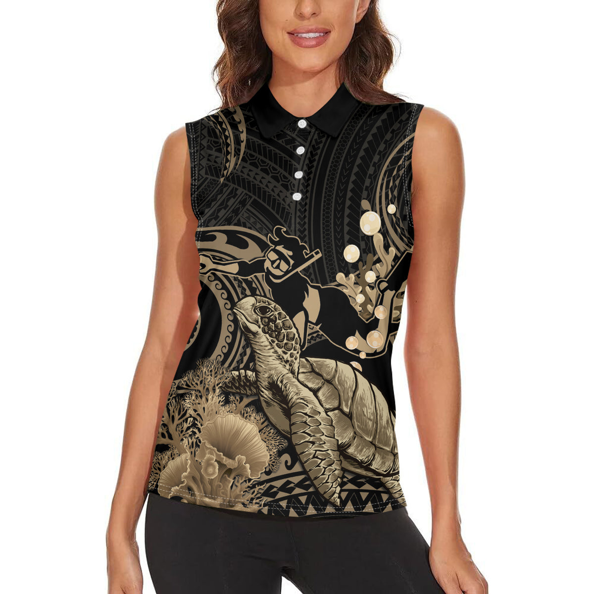 Gold Aloha Hawaii Women Sleeveless Polo Shirt Snorkeling With Sea Turtle Polynesian Pattern