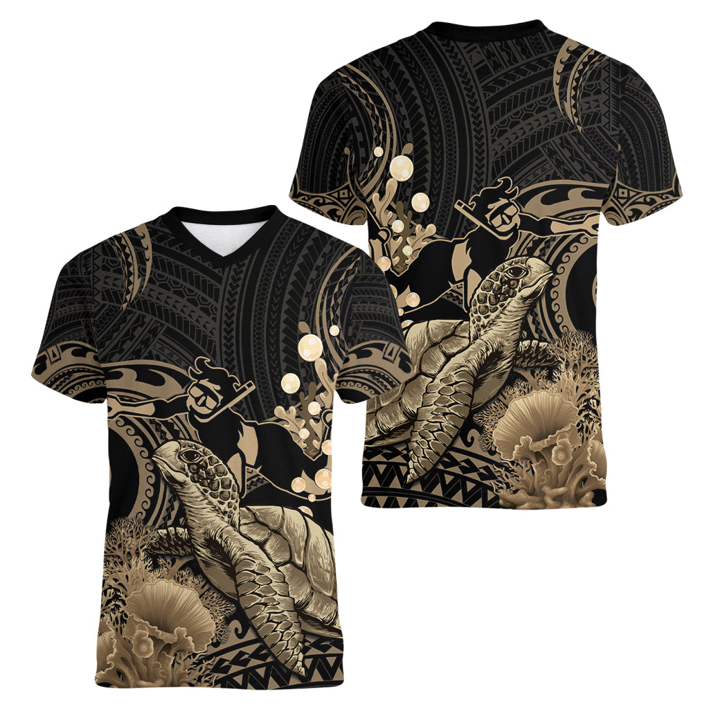 Gold Aloha Hawaii Women V-Neck T-Shirt Snorkeling With Sea Turtle Polynesian Pattern