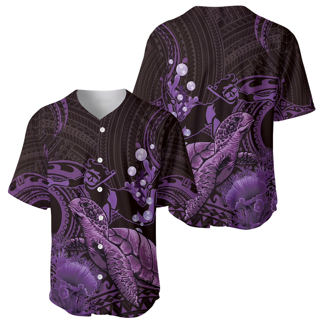 Purple Aloha Hawaii Baseball Jersey Snorkeling With Sea Turtle Polynesian Pattern
