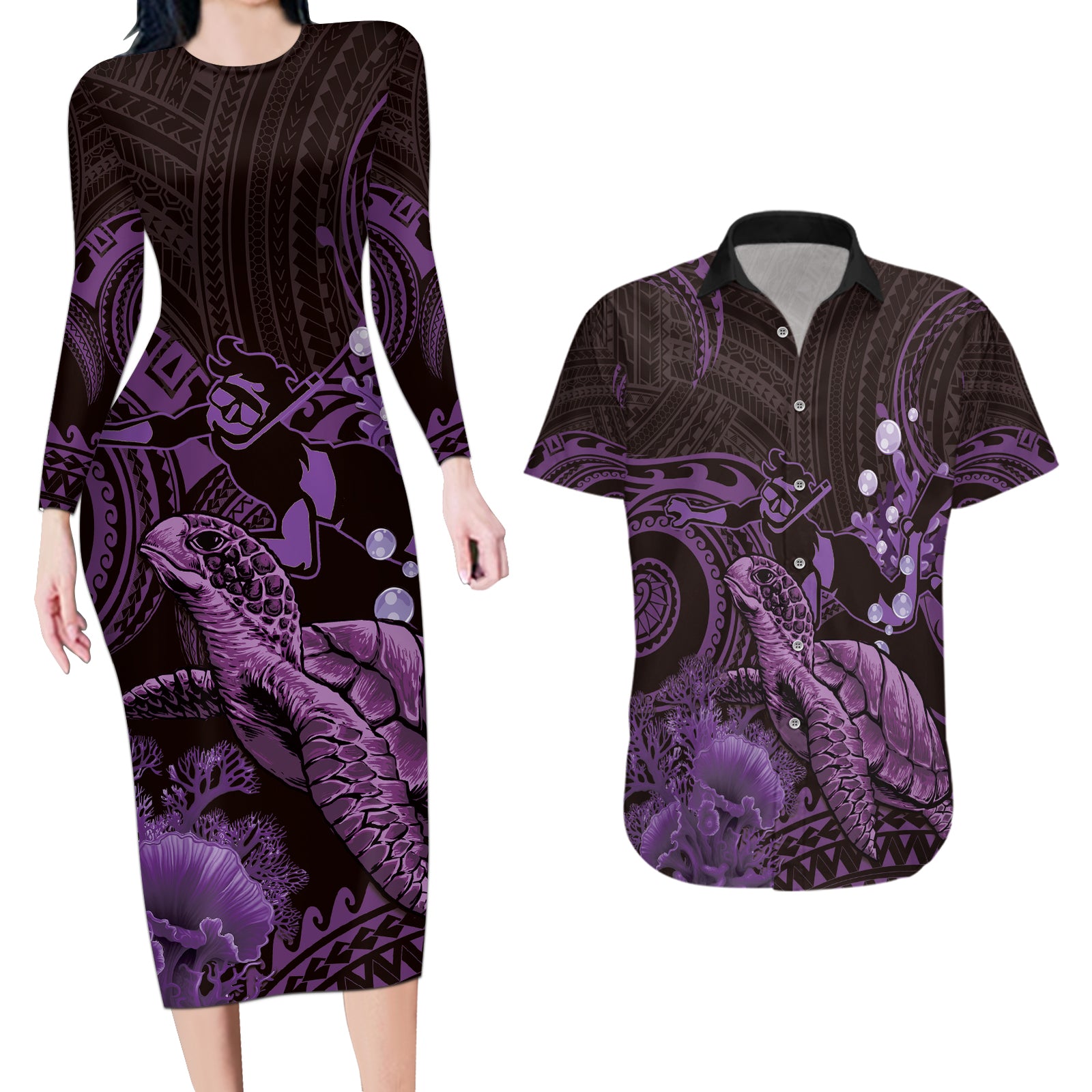 Purple Aloha Hawaii Couples Matching Long Sleeve Bodycon Dress and Hawaiian Shirt Snorkeling With Sea Turtle Polynesian Pattern LT14 Purple - Polynesian Pride