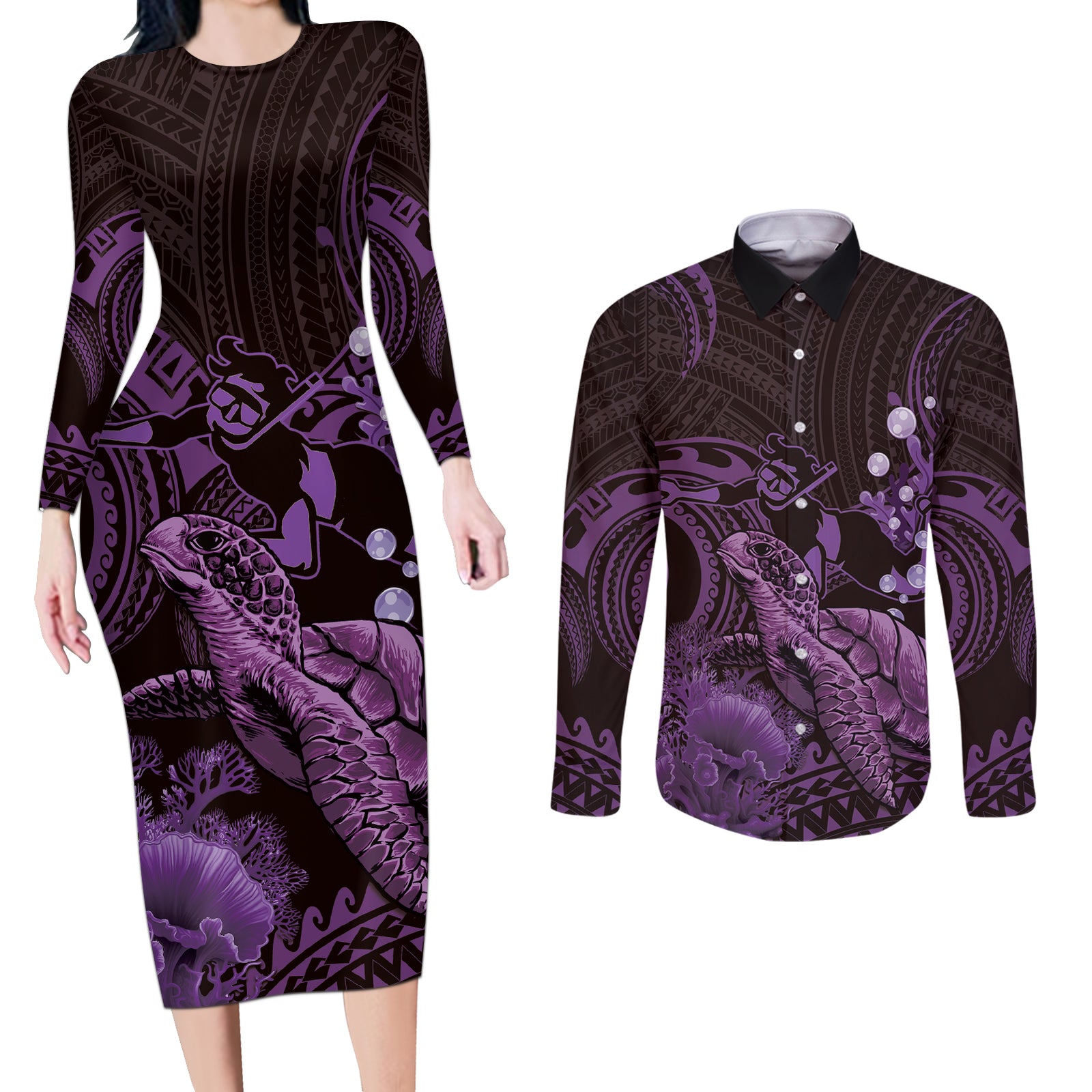 Purple Aloha Hawaii Couples Matching Long Sleeve Bodycon Dress and Long Sleeve Button Shirt Snorkeling With Sea Turtle Polynesian Pattern LT14 Purple - Polynesian Pride