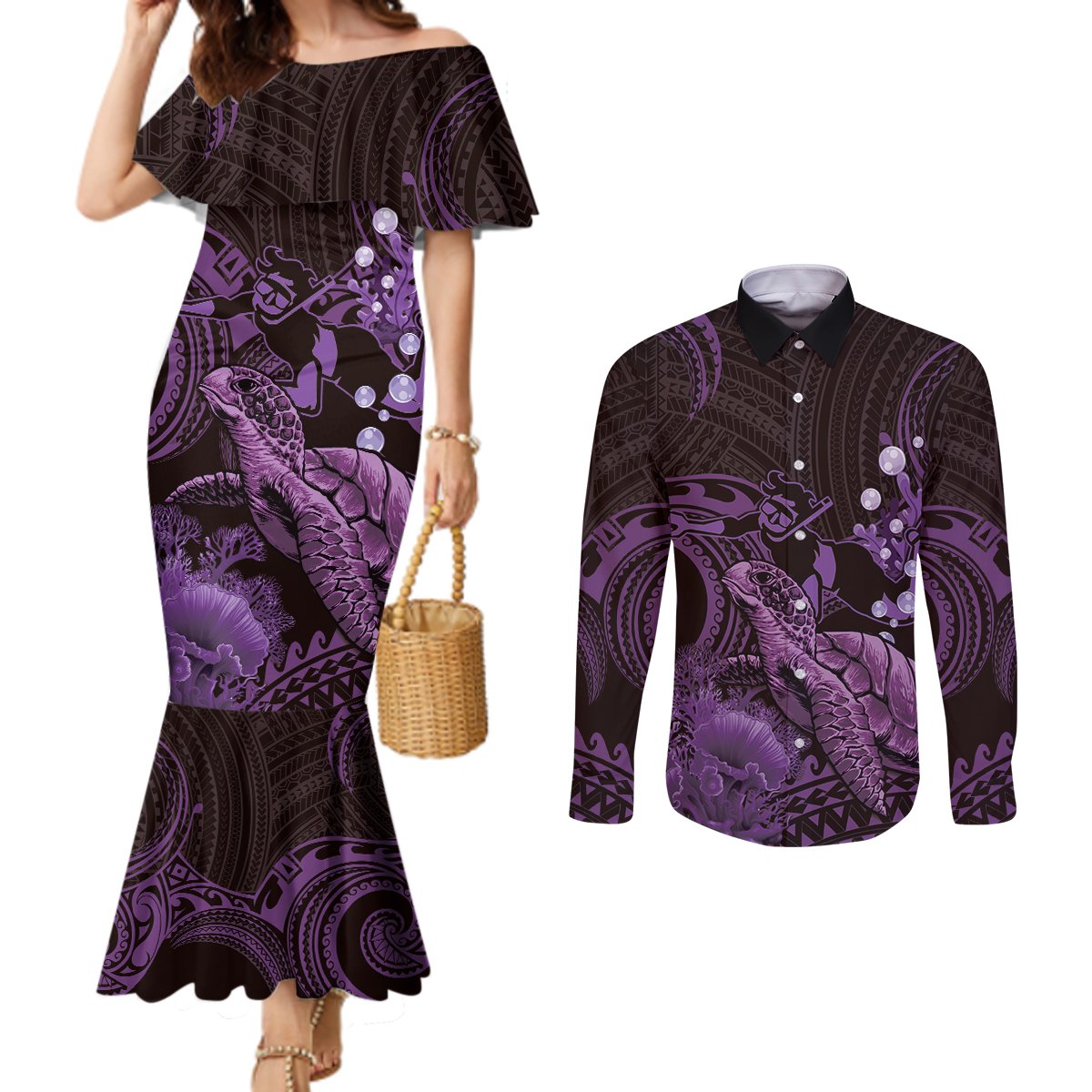 Purple Aloha Hawaii Couples Matching Mermaid Dress and Long Sleeve Button Shirt Snorkeling With Sea Turtle Polynesian Pattern LT14 Purple - Polynesian Pride