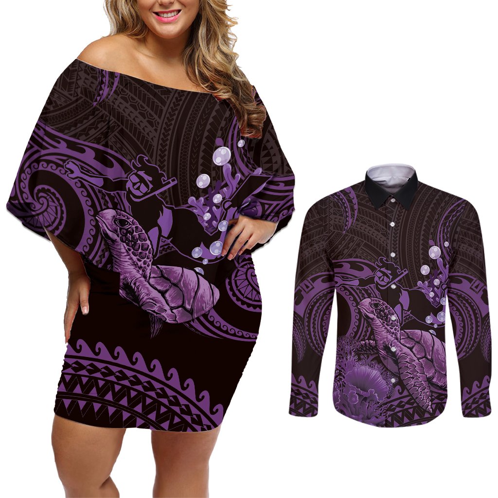 Purple Aloha Hawaii Couples Matching Off Shoulder Short Dress and Long Sleeve Button Shirt Snorkeling With Sea Turtle Polynesian Pattern LT14 Purple - Polynesian Pride