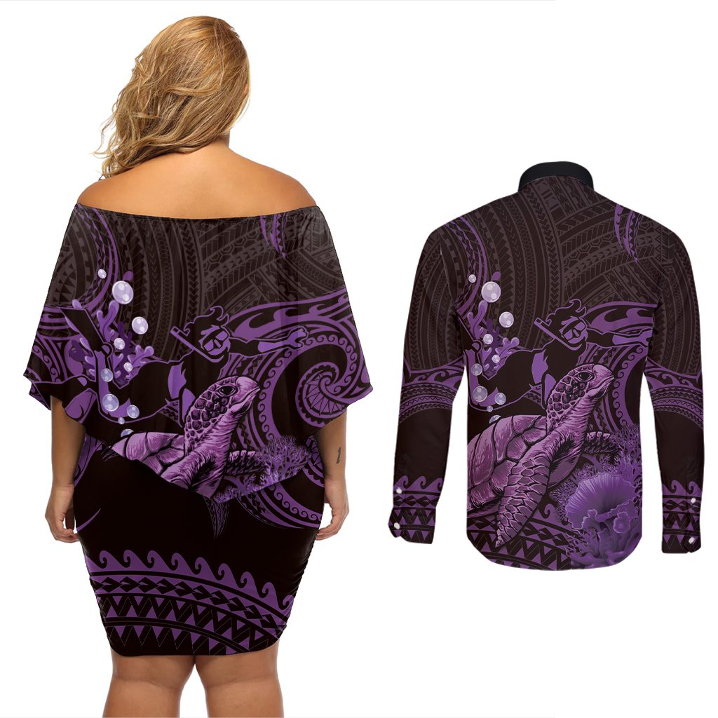 Purple Aloha Hawaii Couples Matching Off Shoulder Short Dress and Long Sleeve Button Shirt Snorkeling With Sea Turtle Polynesian Pattern LT14 - Polynesian Pride
