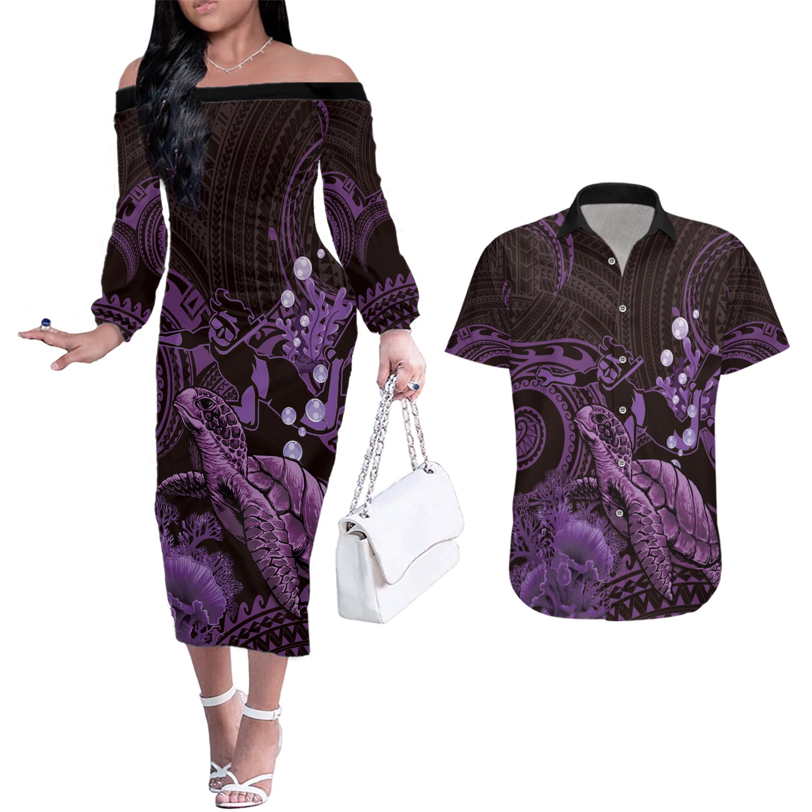 Purple Aloha Hawaii Couples Matching Off The Shoulder Long Sleeve Dress and Hawaiian Shirt Snorkeling With Sea Turtle Polynesian Pattern LT14 Purple - Polynesian Pride