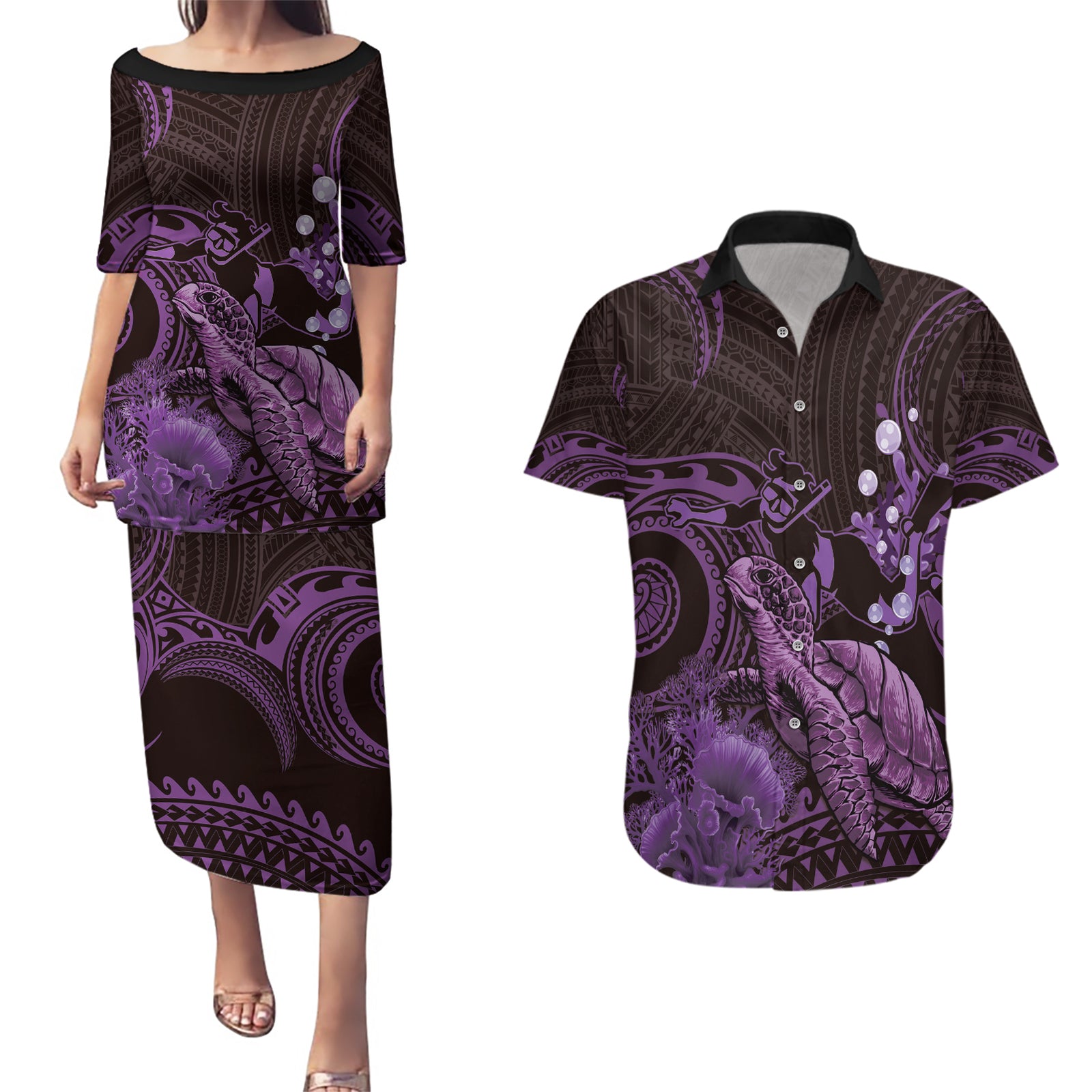 Purple Aloha Hawaii Couples Matching Puletasi and Hawaiian Shirt Snorkeling With Sea Turtle Polynesian Pattern LT14 Purple - Polynesian Pride