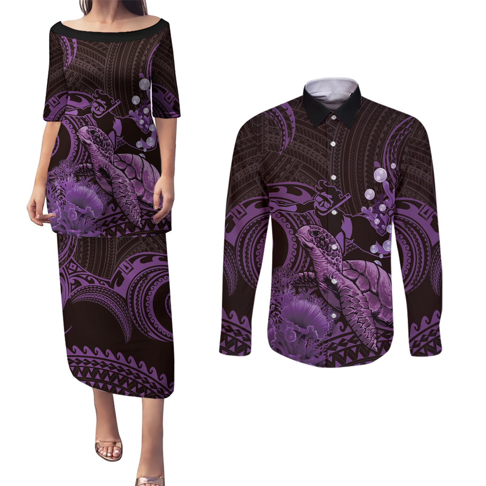 Purple Aloha Hawaii Couples Matching Puletasi and Long Sleeve Button Shirt Snorkeling With Sea Turtle Polynesian Pattern LT14 Purple - Polynesian Pride
