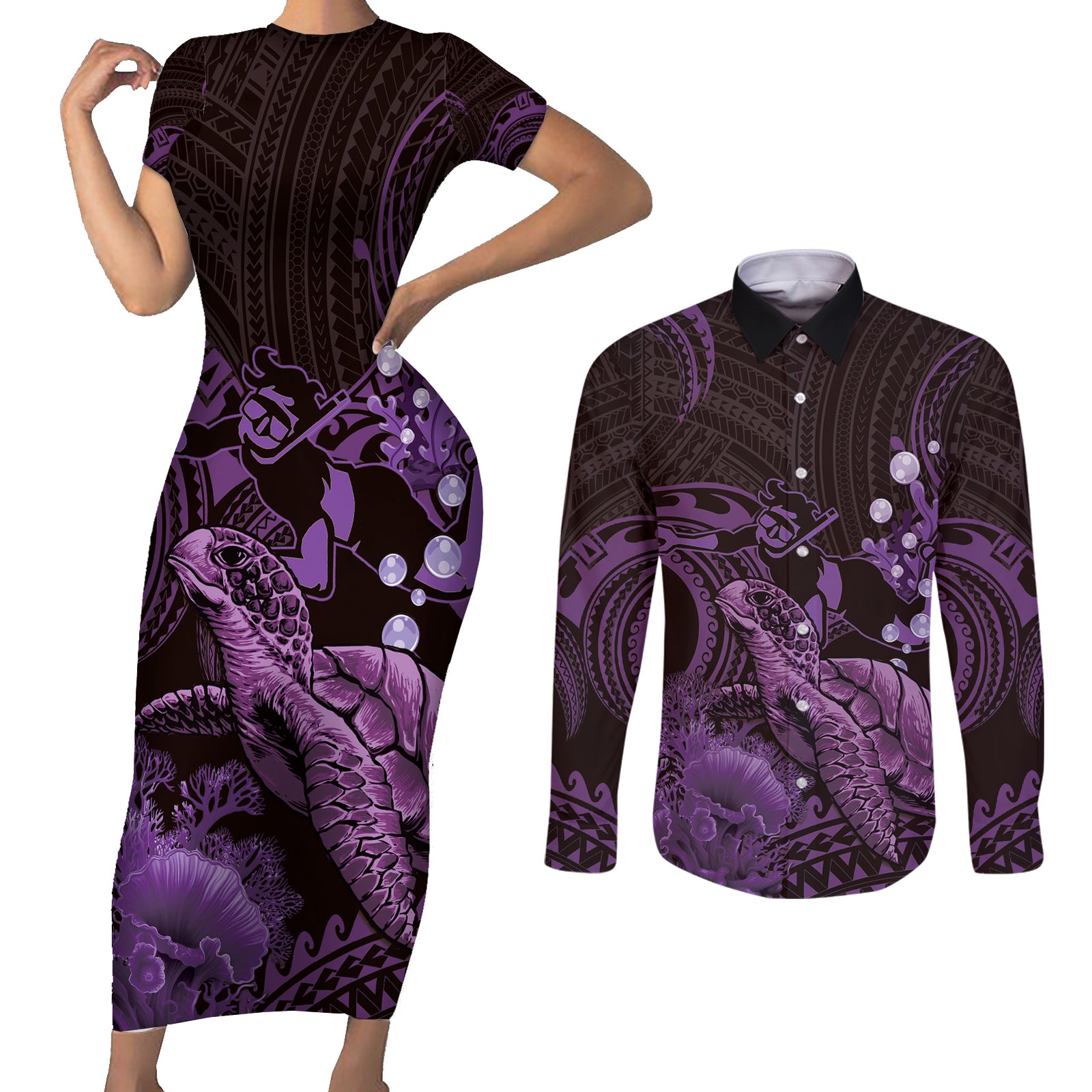 Purple Aloha Hawaii Couples Matching Short Sleeve Bodycon Dress and Long Sleeve Button Shirt Snorkeling With Sea Turtle Polynesian Pattern LT14 Purple - Polynesian Pride
