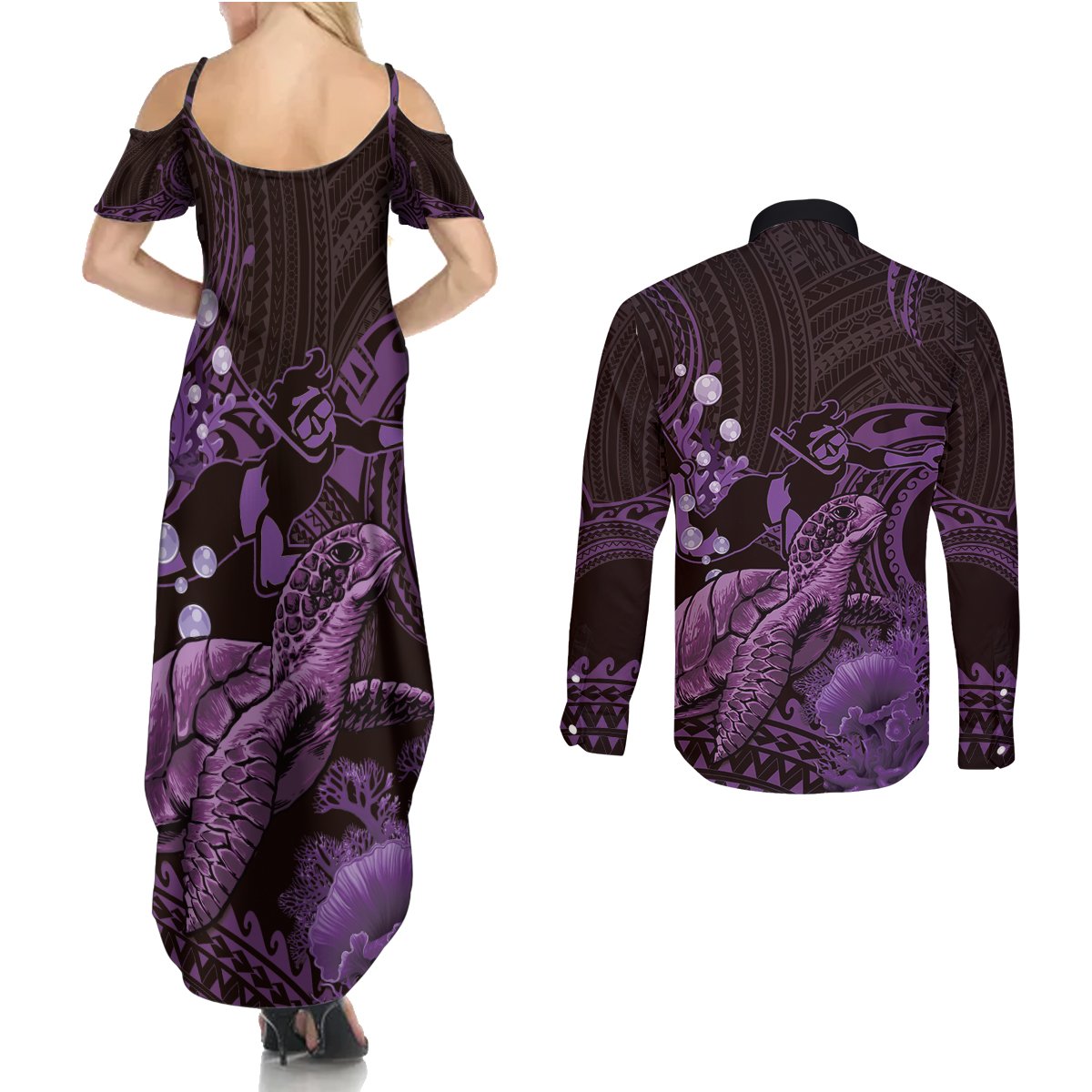 Purple Aloha Hawaii Couples Matching Summer Maxi Dress and Long Sleeve Button Shirt Snorkeling With Sea Turtle Polynesian Pattern LT14 - Polynesian Pride