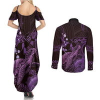 Purple Aloha Hawaii Couples Matching Summer Maxi Dress and Long Sleeve Button Shirt Snorkeling With Sea Turtle Polynesian Pattern LT14 - Polynesian Pride