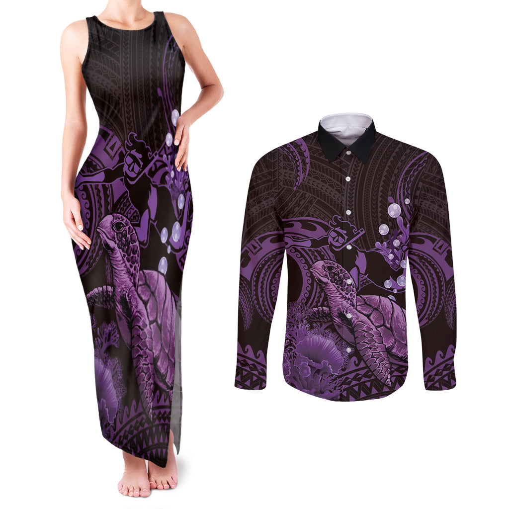 Purple Aloha Hawaii Couples Matching Tank Maxi Dress and Long Sleeve Button Shirt Snorkeling With Sea Turtle Polynesian Pattern LT14 Purple - Polynesian Pride