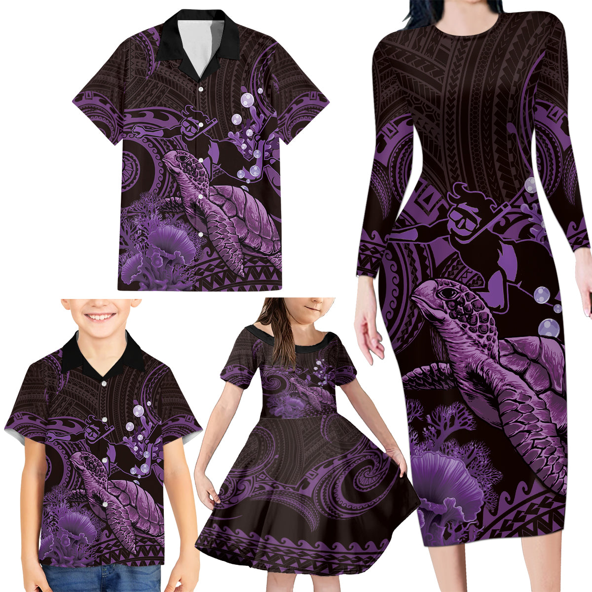 Purple Aloha Hawaii Family Matching Long Sleeve Bodycon Dress and Hawaiian Shirt Snorkeling With Sea Turtle Polynesian Pattern