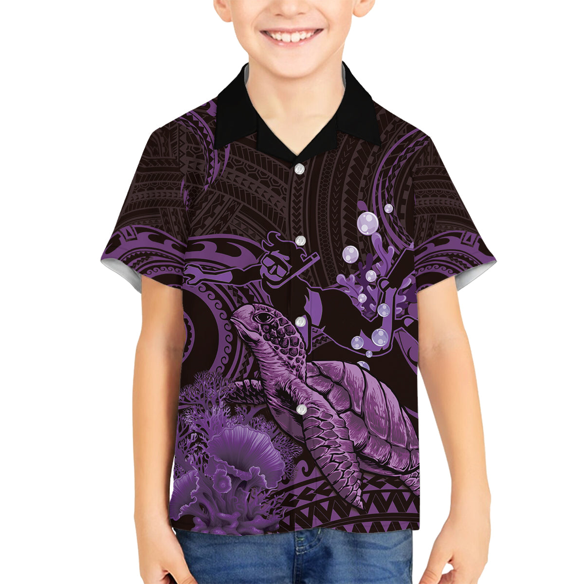 Purple Aloha Hawaii Family Matching Long Sleeve Bodycon Dress and Hawaiian Shirt Snorkeling With Sea Turtle Polynesian Pattern LT14 Son's Shirt Purple - Polynesian Pride