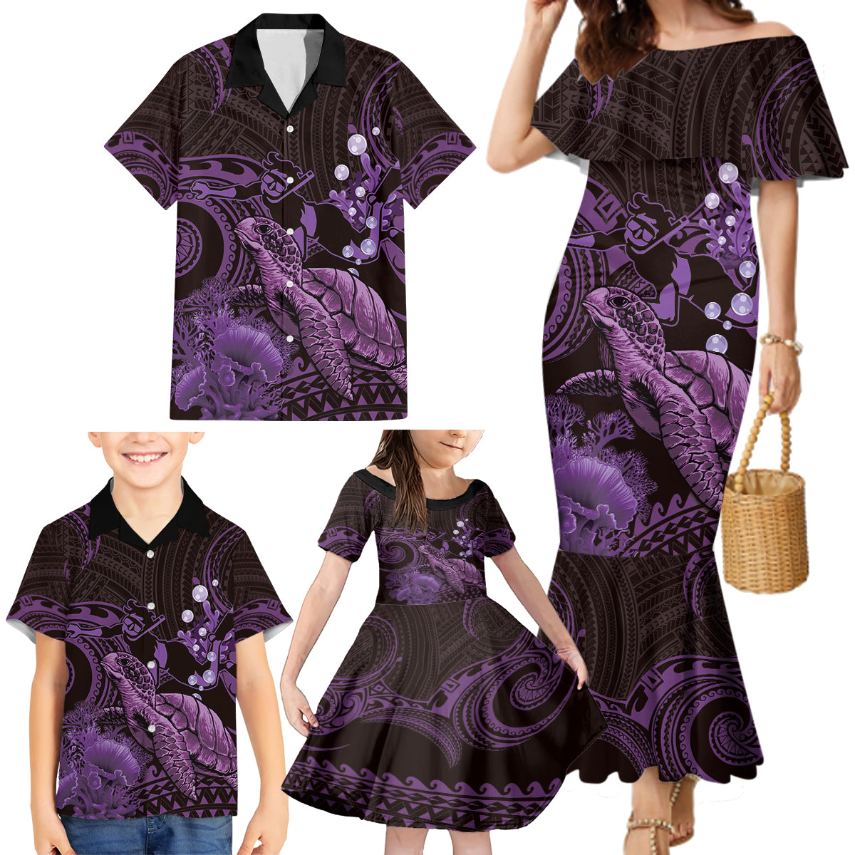 Purple Aloha Hawaii Family Matching Mermaid Dress and Hawaiian Shirt Snorkeling With Sea Turtle Polynesian Pattern