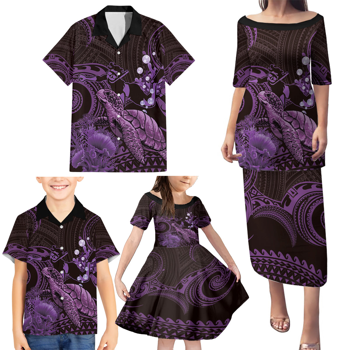 Purple Aloha Hawaii Family Matching Puletasi and Hawaiian Shirt Snorkeling With Sea Turtle Polynesian Pattern