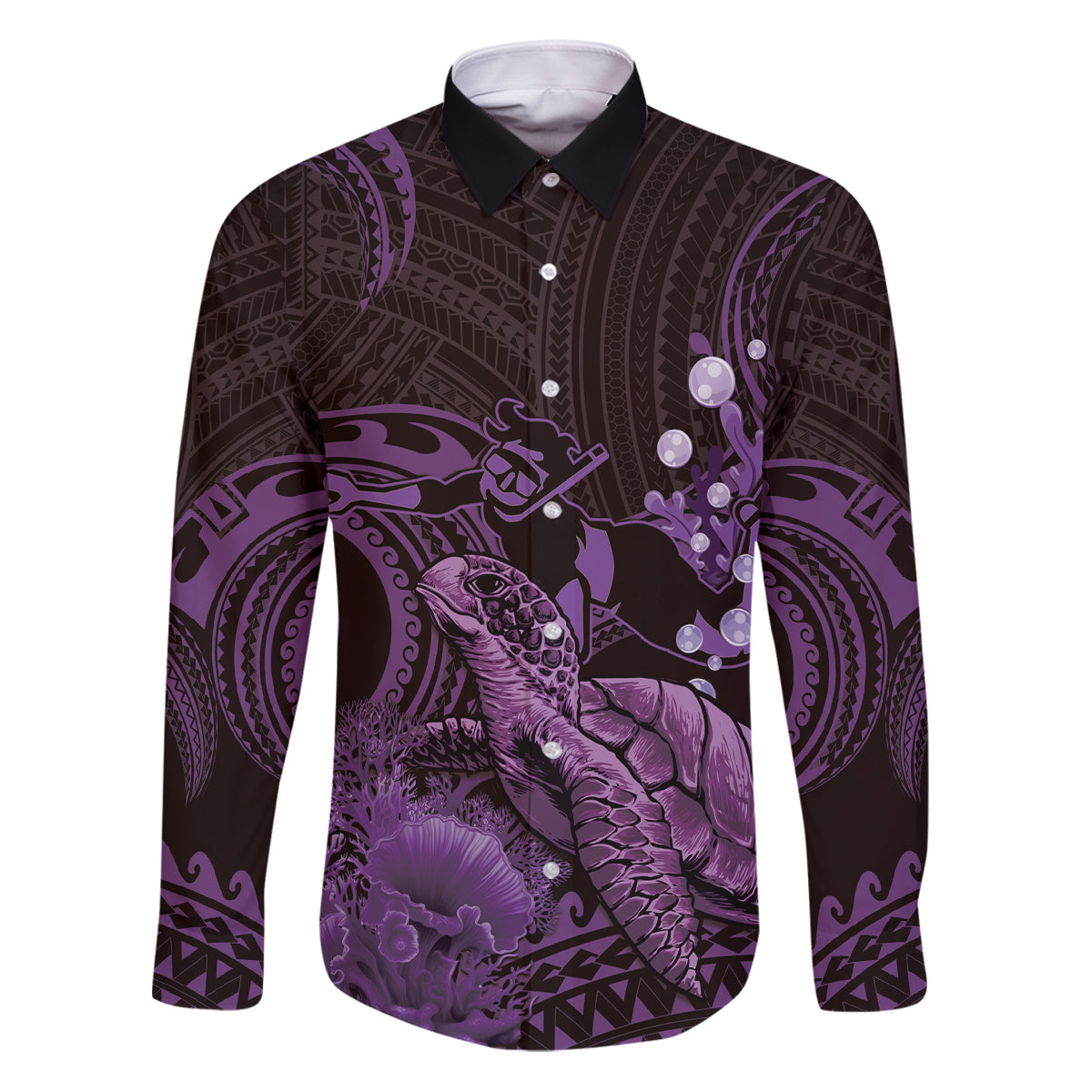 Purple Aloha Hawaii Family Matching Puletasi and Hawaiian Shirt Snorkeling With Sea Turtle Polynesian Pattern LT14 Dad's Shirt - Long Sleeve Purple - Polynesian Pride