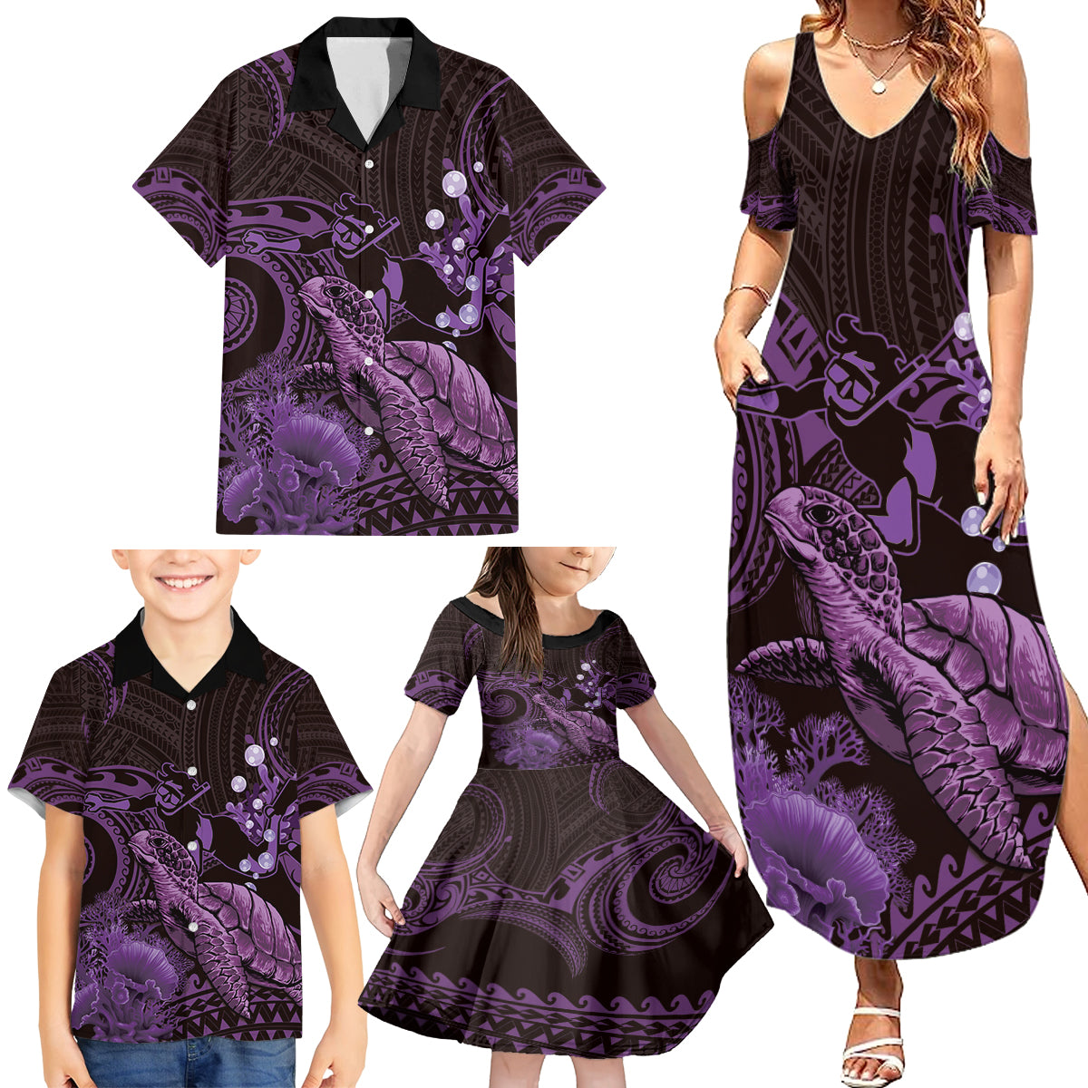 Purple Aloha Hawaii Family Matching Summer Maxi Dress and Hawaiian Shirt Snorkeling With Sea Turtle Polynesian Pattern LT14 - Polynesian Pride